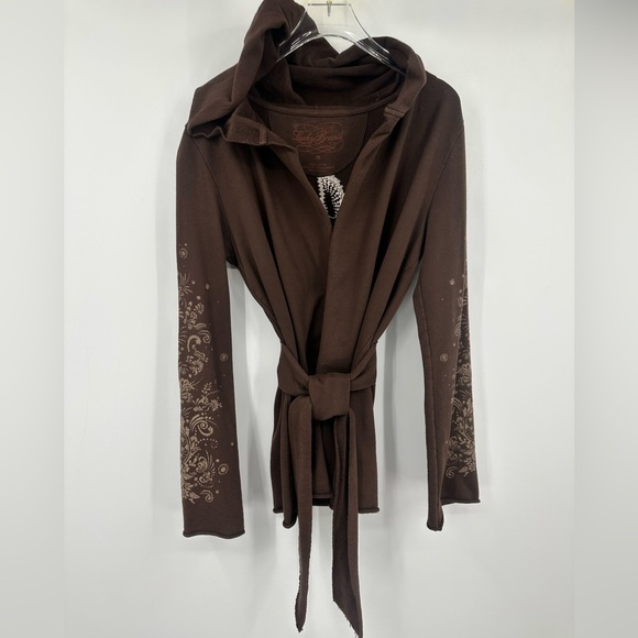 VTG Y2K Lucky Brand Long Cardigan Sweater Tie Hood Peace Sign Medium | AP581 - Picture 2 of 8